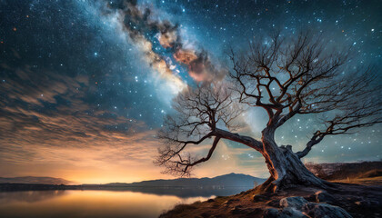 Wall Mural - Mysterious night scene of dark blue starry sky with leafless tree. Natural landscape.