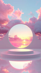 Wall Mural - abstract background with a podium for product presentation, sky and clouds on the horizon, 3d render