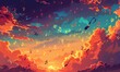 Illustrate a fantastical world of musical notes floating in the sky, viewed from an unexpected low-angle perspective, created with a pixel art style for a modern twist