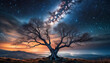 Mysterious night scene of dark blue starry sky with leafless tree. Natural landscape.