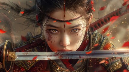 Poster - Woman samurai warrior with sword wallpaper background