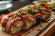 A creative sushi roll featuring bacon at an innovative sushi bar