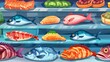 Different type of fish seafood on supermarket shelfs wallpaper background