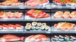 Different type of fish seafood on supermarket shelfs wallpaper background