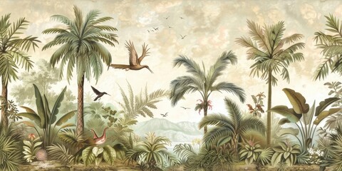  wallpaper jungle and leaves tropical forest birds old drawing vintage
