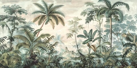 wallpaper jungle and leaves tropical forest birds old drawing vintage 