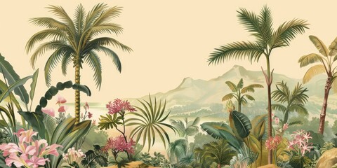  wallpaper jungle and leaves tropical forest birds old drawing vintage - generative ai	
