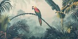 Fototapeta Koty - wallpaper jungle and leaves tropical forest birds old drawing vintage 