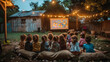 © Wit_Photo - A group of kids gathered on bean bags watches an animated movie in a rustic backyard adorned with fairy lights.