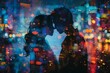 Create a double exposure where a couple locked in a romantic embrace is superimposed on a bustling nightlife scene. This highlights the intimacy and secrecy that nighttime can offer amidst the urban e