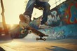 Skateboarder jumping in skatepark with graffiti