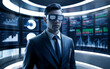 A futuristic image of a businessman wearing a sleek, dark suit and a stylish pair of glasses