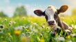 A funny cow in a green summer meadow. generative ai