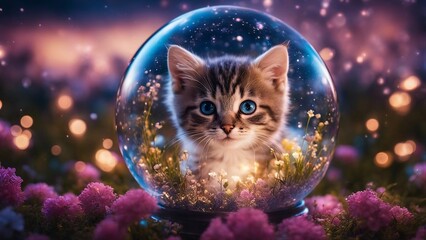 Wall Mural - cat in the night highly intricately detailed photograph of  Kitten and soft muted garden flowers  inside a glass orb 