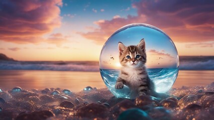 Wall Mural - cat in the night highly intricately detailed photograph of Little kitten drifting by the sea waves in crystal ball