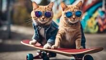 A Whimsical Scottish Straight Cat With Funky Sunglasses,  While Riding A Skate Board