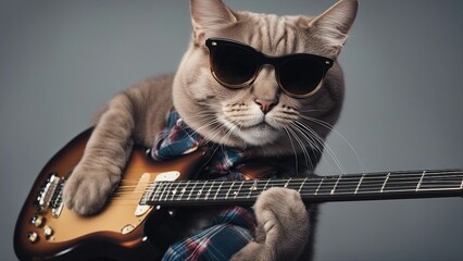 Wall Mural -  playing guitar Cat Scottish Straight in sunglasses with electric guitar on gray background 