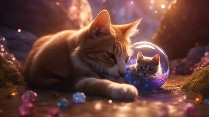 Wall Mural - cat in the night highly intricately detailed photograph of   Cat and kitten sleeping together. Kitten and cat in a snow globe