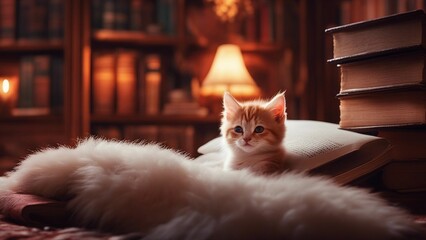 Wall Mural - cat on sofa highly intricately detailed Cute little red kitten sleeps on fur white blanket   