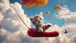cat on the sky A humorous scene where a Maine Coon kitten, snug in a vibrant sock, is playfully  parachuting  down,  