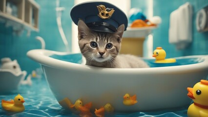 Wall Mural - cat in the bath A comical kitten with a captain hat, steering a boot-boat through a bathtub sea,  