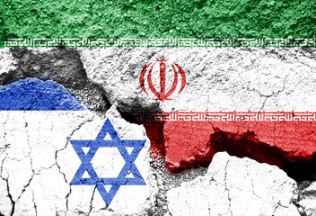 flags of israel and iran on cracked background, israeli iranian conflict or war symbol