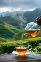 Glass teapot pours hot tea into transparent cup on wooden table with fresh leaves on tea plantation, sunny field background with copy space for text, product advertisement. Time of Tea concept 