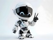 Adorable baby robot showing peace sign, copy space for text