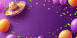 Fiesta banner for Cinco de Mayo celebration. May 5, federal holiday in Mexico. Hispanic style purple greeting card with paper garland, sombrero, balloons and copy space