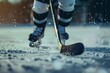 Ice hockey player practicing on outdoor rink