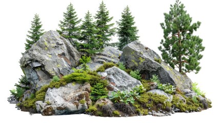 Wall Mural - rock surrounded by fir trees. on white background generative ai