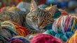 © UMAR SALAM - Amidst the creative chaos of a crafting table, a tabby cat reclines in quiet contemplation, its amber eyes reflecting the myriad colors of surrounding yarn