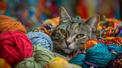 Wall Mural - Amidst the creative chaos of a crafting table, a tabby cat reclines in quiet contemplation, its amber eyes reflecting the myriad colors of surrounding yarn