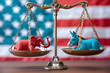 A balanced brass scales showcasing a red elephant and a blue donkey, symbols for the American Republican and Democrat parties, against a blurred US flag background