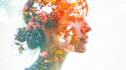 The closeup double exposure picture between young adult beautiful female caucasian human and bright beautiful nature in the morning or evening that the picture stand for peaceful of the life. AIGX01.