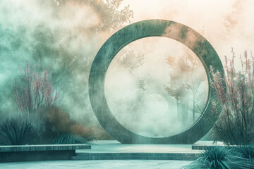 Wall Mural - A moon gate stands in a misty garden. Beyond its circular frame, layers of color blend seamlessly--jade green, peach pink, and azure blue