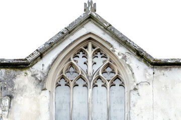 Wall Mural - A detailed view of a Gothic window, its intricate tracery and weathered stone standing out against a pure white background