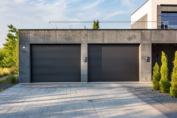 A detailed view of a two-car garage at a modern home. The garage doors are sleek and stylish, adding to the overall aesthetic of the house