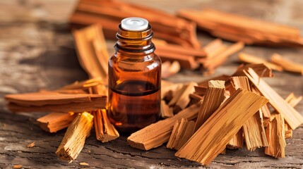 Sandalwood essential oil on a table next to some wood chips. Skincare natural aroma products.