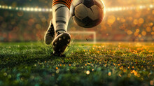 Soccer Player's Foot Kicking The Ball On The Football Field With A Blurred Stadium Background, A Closeup Of The Soccer Boot And Ball