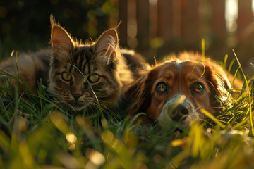 Wall Mural - A cat and a dog are laying in the grass together