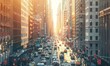 Craft a digital photorealistic illustration of a bustling city street scene during rush hour, integrating a long shot perspective with halftone patterns for a modern, urban vibe