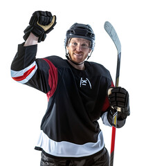 Wall Mural - Pro Ice hockey player in celebration pose with his hand up in the air