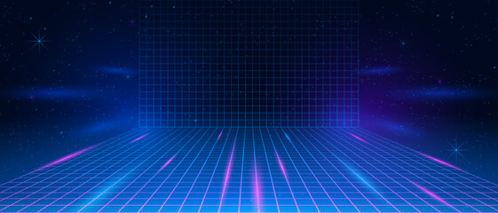 Synthwave wireframe net illustration. Abstract digital background. 80s, 90s Retro futurism, Retro wave cyber grid. Deep space surfaces. Neon lights glowing. Starry background. Vector 3D Rendering