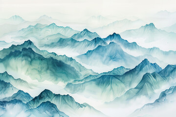 Wall Mural - The mountains are covered in a thick layer of fog, creating a serene