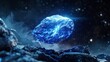Blue asteroid against a rocky space landscape - A bright blue asteroid contrasts with the rocky terrain of an unknown planet's surface, under a starry night sky