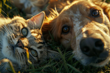 Wall Mural - A cat and a dog are laying on the grass together