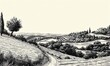 Design a captivating pen and ink illustration featuring a birds eye view of a serene countryside, incorporating halftone textures for a modern touch Infuse tranquility with a contemporary edge, harmon