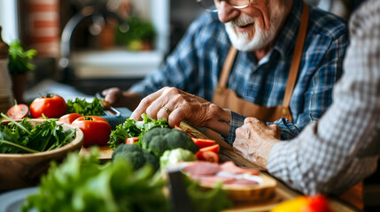 Sticker - Photo of a senior man discussing his dietary needs with a nutritionist with a close up on their hands and the diet plan emphasizing personalized nutrition advice