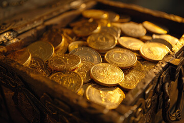 Wall Mural - A gold coin collection is displayed in a wooden box